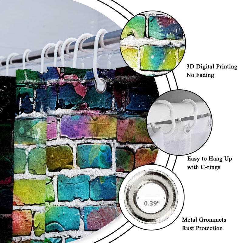 Riyidecor Colorful Graffiti Brick Wall Shower Curtain Hip Hop Multicolor Rainbow Painting Cool Street Fun Aesthetic Decor Fabric Bathroom Polyester Waterproof 72x72 Inch 12-Pack Plastic Hooks WW-VKSU - Image 5